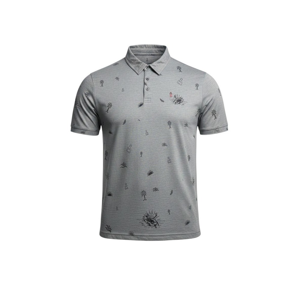 TravisMathew Polo Shirt XL Gray Tropical Palm Tree Lighthouse Pique Golf Mens
